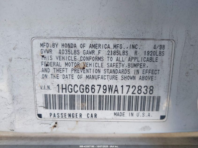 1998 Honda Accord Ex VIN: 1HGCG6679WA172838 Lot: 43387190