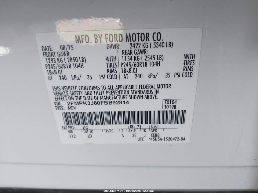 2015 FORD EDGE SEL 2FMPK3J80FBB92814