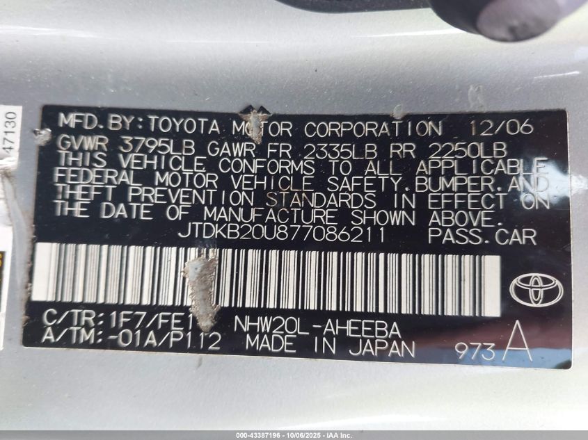 2007 Toyota Prius VIN: JTDKB20U877086211 Lot: 43387196