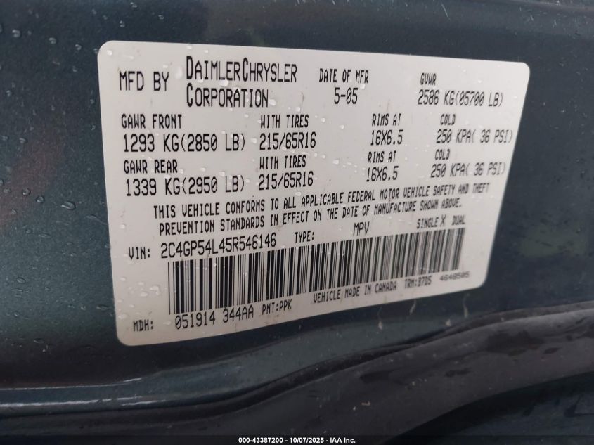 2005 Chrysler Town & Country Touring VIN: 2C4GP54L45R546146 Lot: 43387200