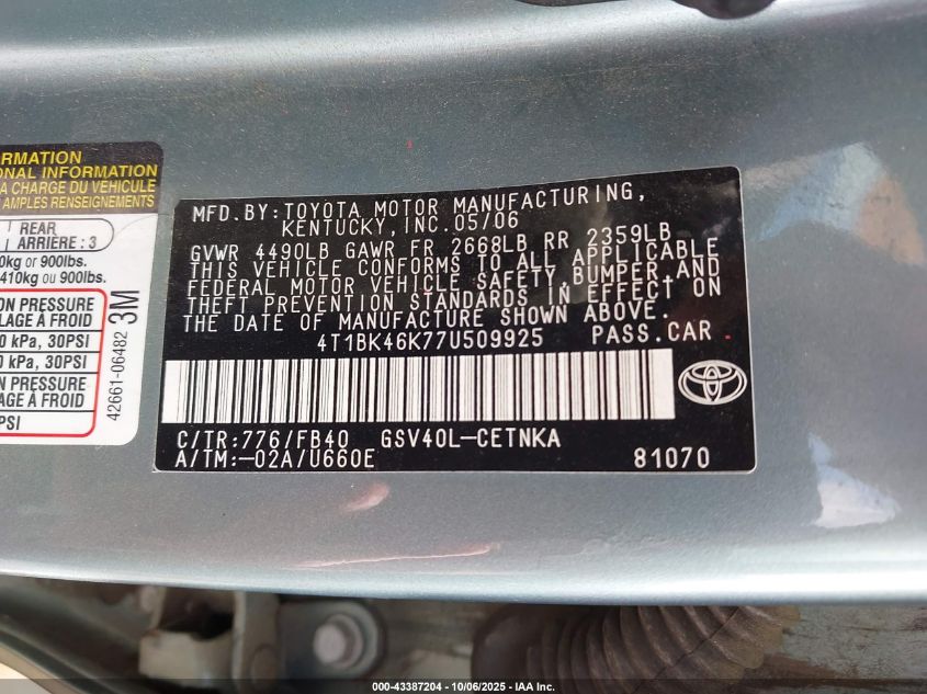 2007 Toyota Camry Le V6 VIN: 4T1BK46K77U509925 Lot: 43387204