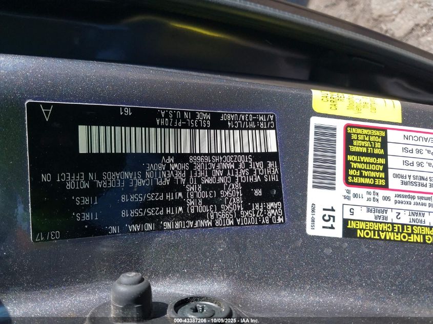 2017 Toyota Sienna Xle Premium 7 Passenger VIN: 5TDDZ3DC4HS169668 Lot: 43387206