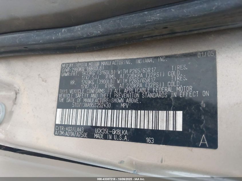 2005 Toyota Sequoia Limited V8 VIN: 5TDZT38A95S252430 Lot: 43387218