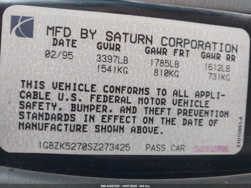 1995 Saturn Sl2 VIN: 1G8ZK5270SZ273425 Lot: 43387230