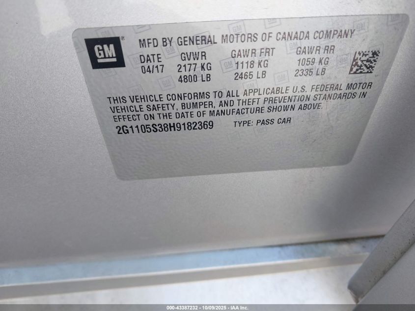 2017 Chevrolet Impala 1Lt VIN: 2G1105S38H9182369 Lot: 43387232