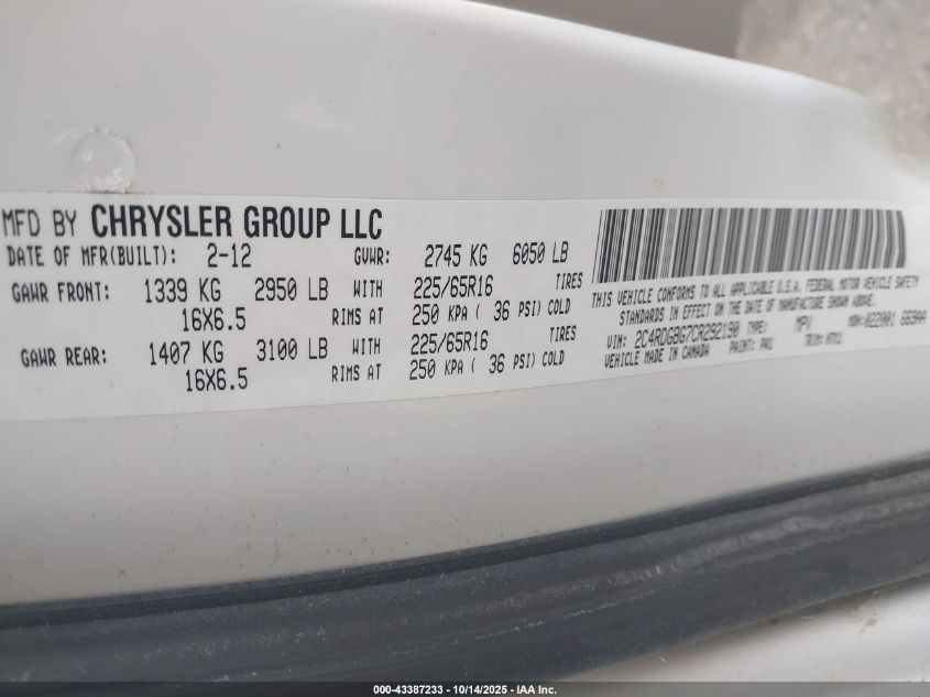 2012 Dodge Grand Caravan Se/Avp VIN: 2C4RDGBG7CR292190 Lot: 43387233