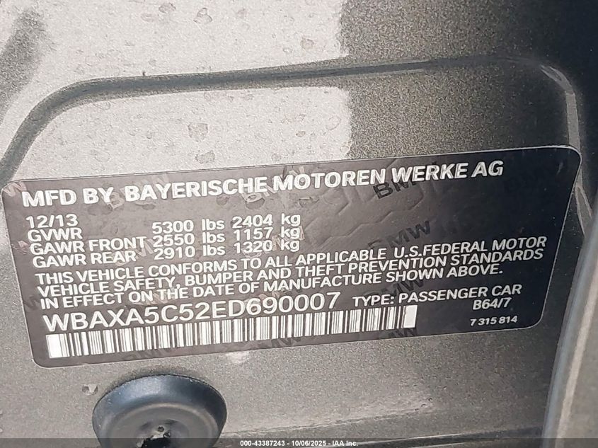 2014 BMW 535D VIN: WBAXA5C52ED690007 Lot: 43387243