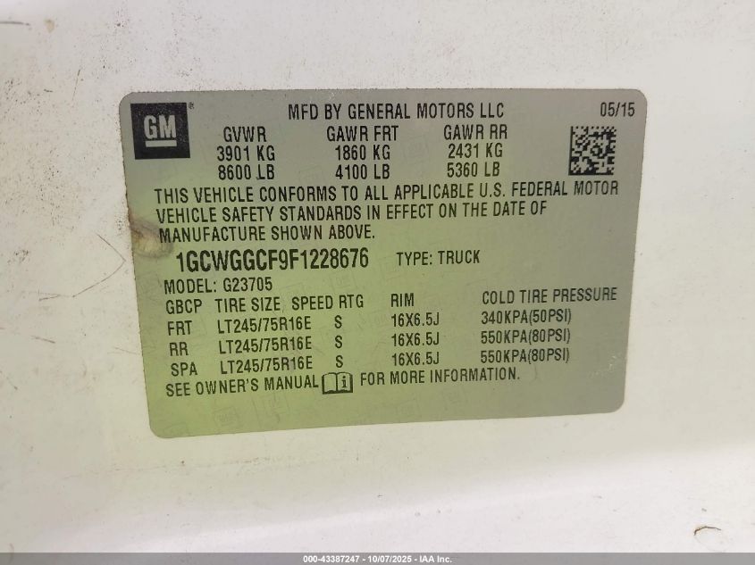 2015 Chevrolet Express 2500 Work Van VIN: 1GCWGGCF9F1228676 Lot: 43387247