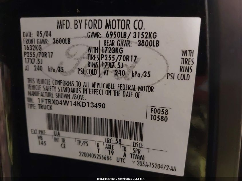 2004 Ford F-150 Stx/Xlt VIN: 1FTRX04W14KD13490 Lot: 43387266