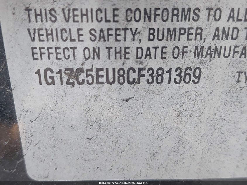 2012 Chevrolet Malibu 1Lt VIN: 1G1ZC5EU8CF381369 Lot: 43387274