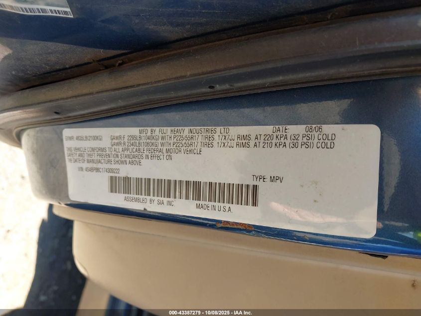 2007 Subaru Outback 3.0R L.l. Bean Edition VIN: 4S4BP86C174309222 Lot: 43387279