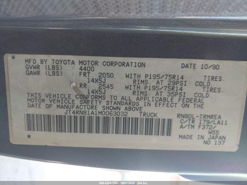 1991 Toyota Pickup 1/2 Ton Short Wheelbase VIN: JT4RN81A1M0063032 Lot: 43387289