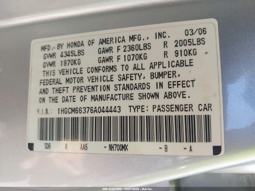 2006 Honda Accord 3.0 Lx VIN: 1HGCM66376A044443 Lot: 43387295