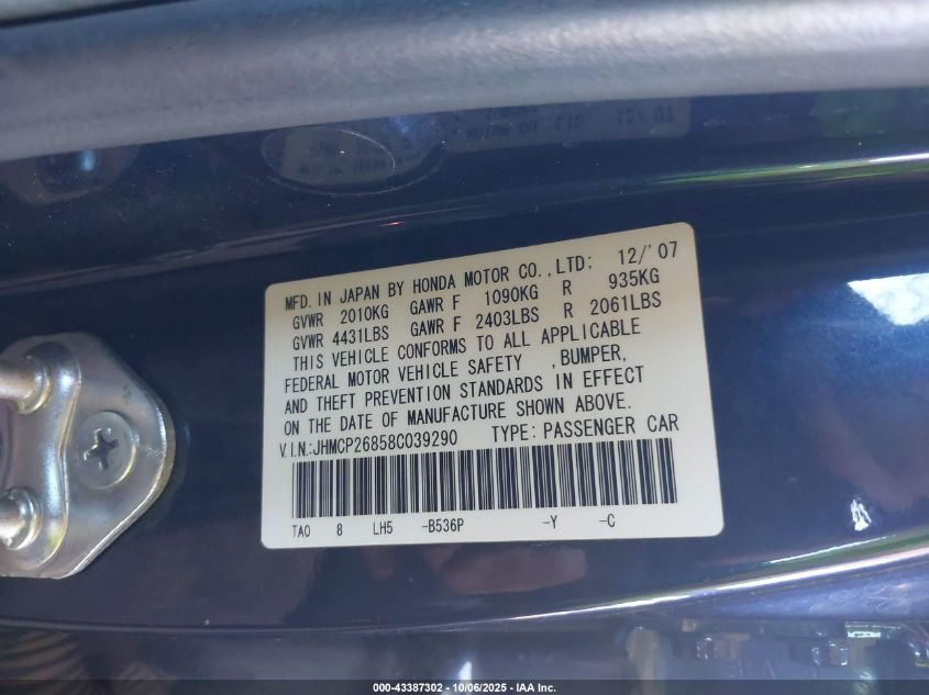 2008 Honda Accord 2.4 Ex-L VIN: JHMCP26858C039290 Lot: 43387302
