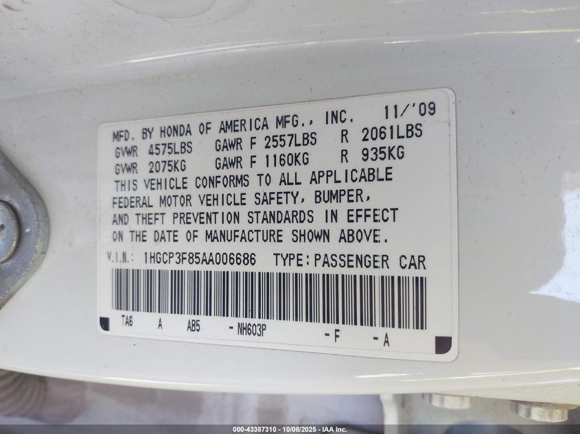 1HGCP3F85AA006686 2010 HONDA ACCORD photo no. 9