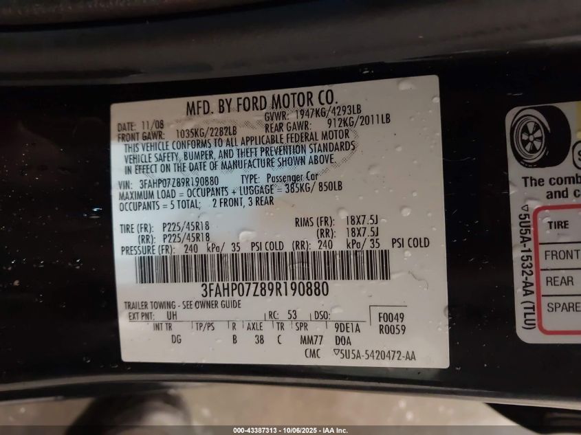 2009 Ford Fusion Se VIN: 3FAHP07Z89R190880 Lot: 43387313