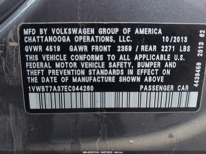 2014 Volkswagen Passat 1.8T Se VIN: 1VWBT7A37EC044260 Lot: 43387314