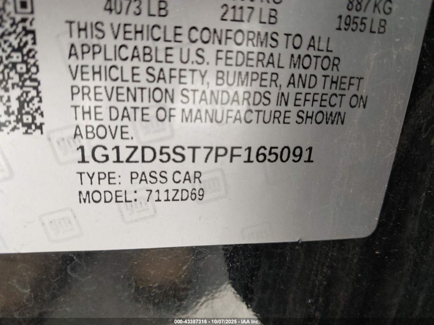 2023 Chevrolet Malibu Fwd 1Lt VIN: 1G1ZD5ST7PF165091 Lot: 43387316