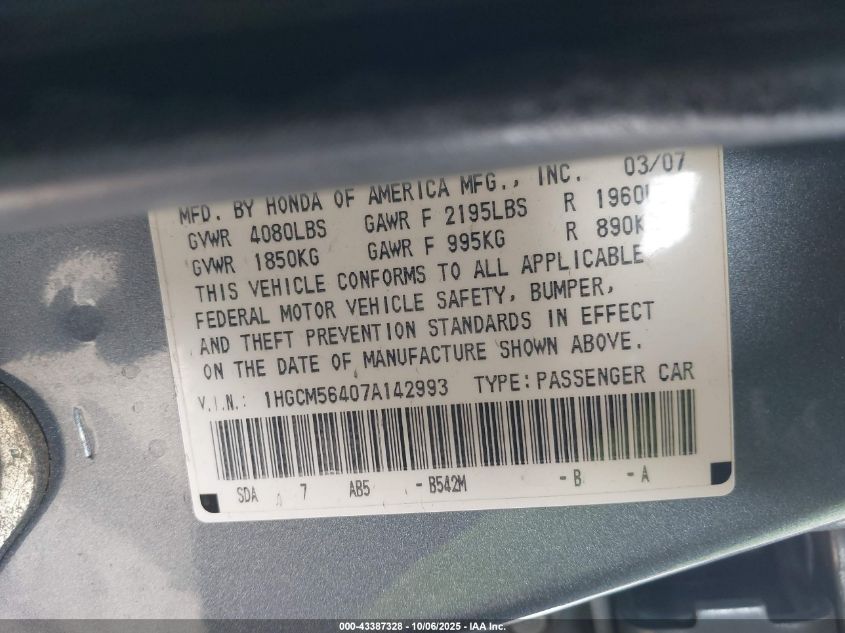 2007 Honda Accord 2.4 Lx VIN: 1HGCM56407A142993 Lot: 43387328