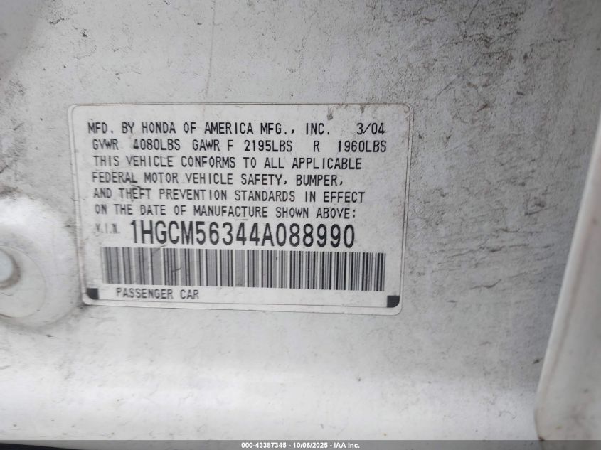 2004 Honda Accord 2.4 Lx VIN: 1HGCM56344A088990 Lot: 43387345