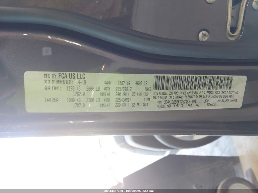 2019 Jeep Compass Latitude 4X4 VIN: 3C4NJDBB8KT767450 Lot: 43387350