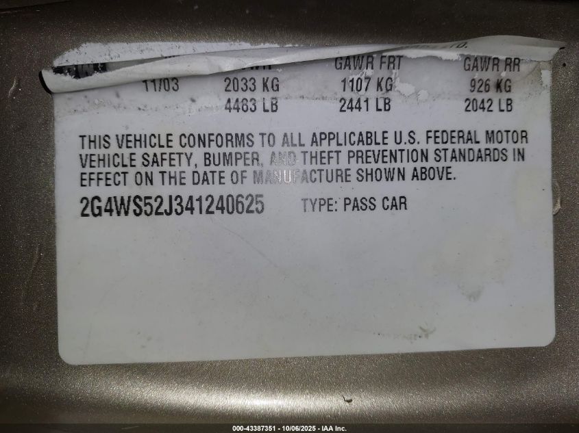 2004 Buick Century VIN: 2G4WS52J341240625 Lot: 43387351