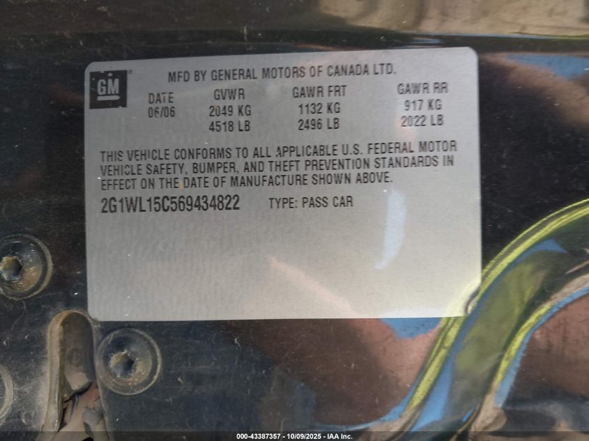 2006 Chevrolet Monte Carlo Ss VIN: 2G1WL15C569434822 Lot: 43387357