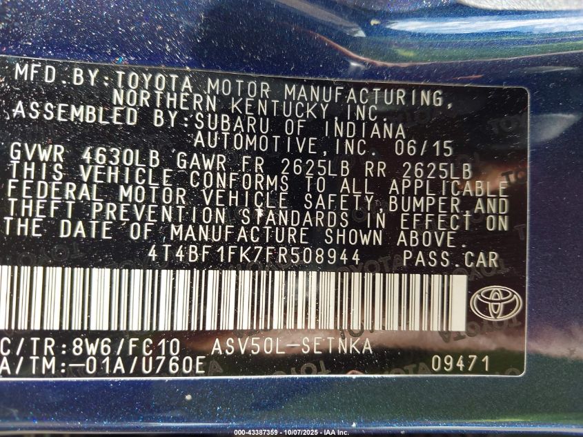 2015 Toyota Camry Le VIN: 4T4BF1FK7FR508944 Lot: 43387359