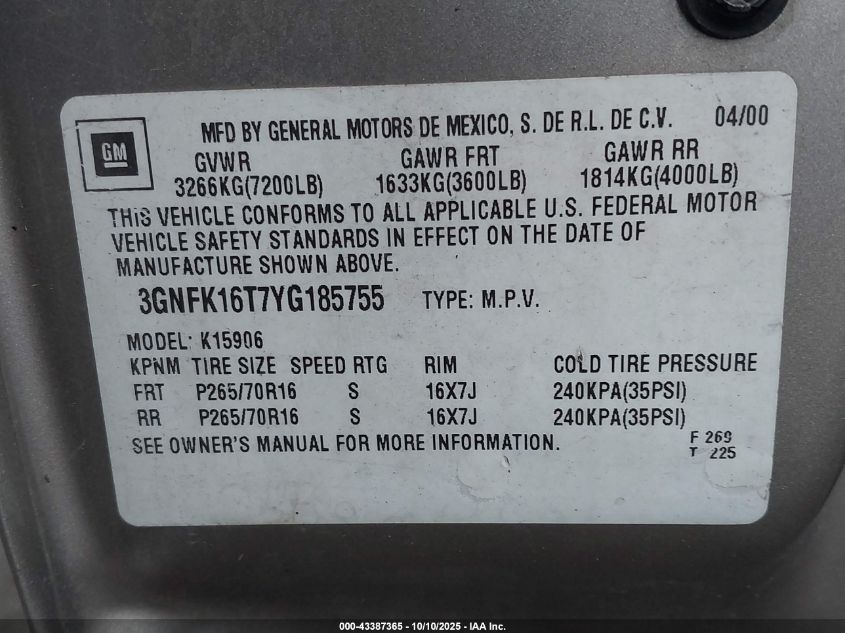 2000 Chevrolet Suburban 1500 Lt VIN: 3GNFK16T7YG185755 Lot: 43387365