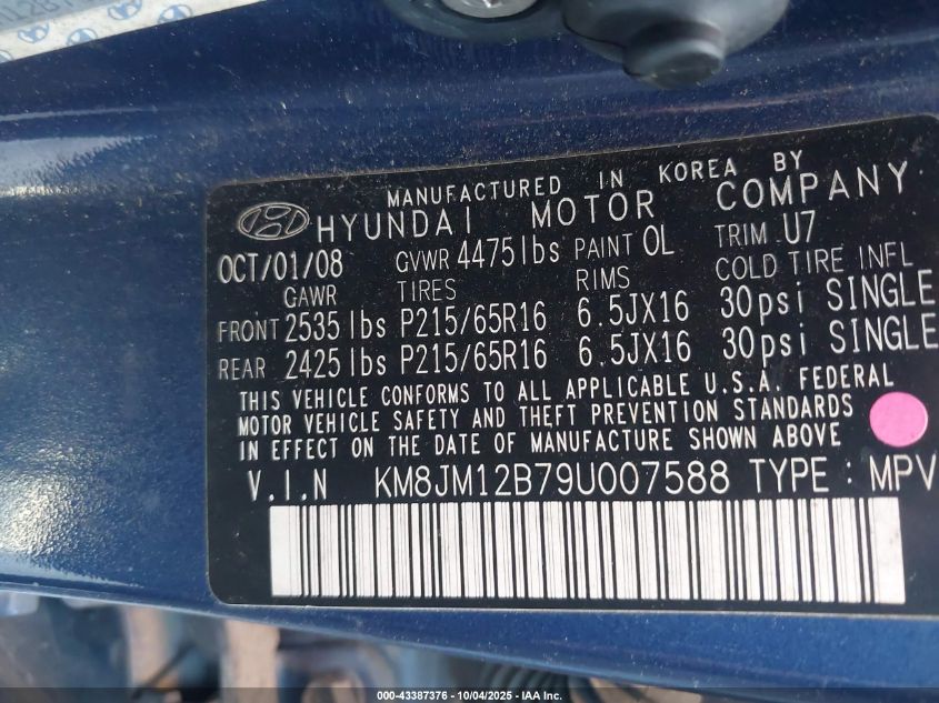 2009 Hyundai Tucson Gls VIN: KM8JM12B79U007588 Lot: 43387376