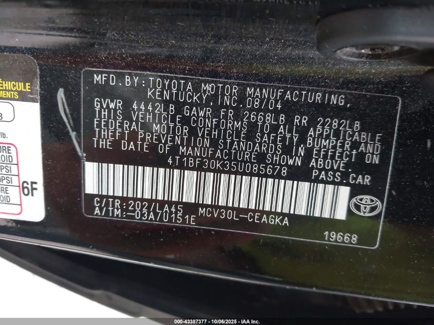 2005 Toyota Camry Xle V6 VIN: 4T1BF30K35U085678 Lot: 43387377