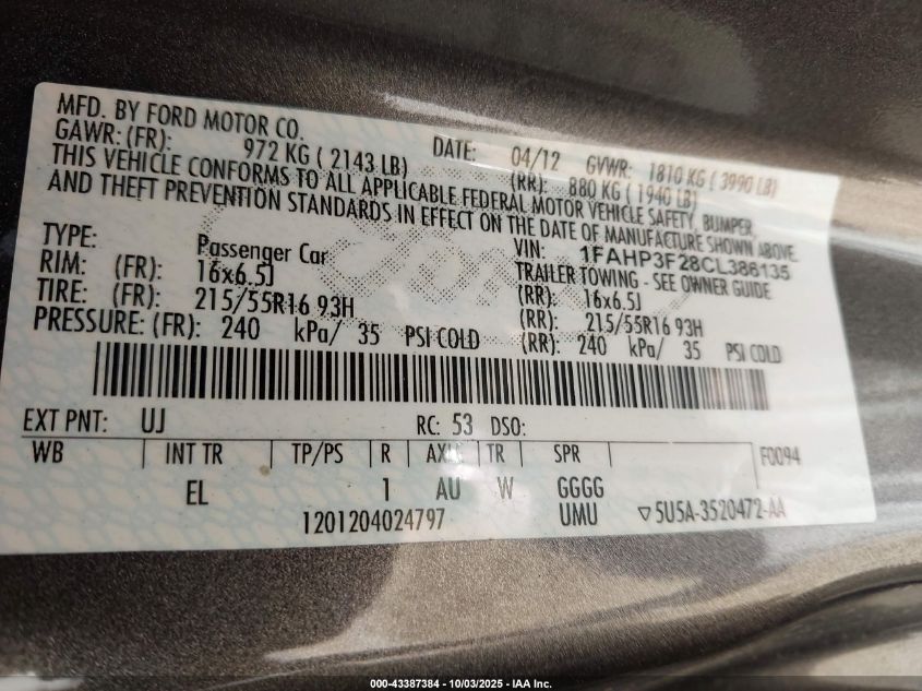 2012 Ford Focus Se VIN: 1FAHP3F28CL386135 Lot: 43387384