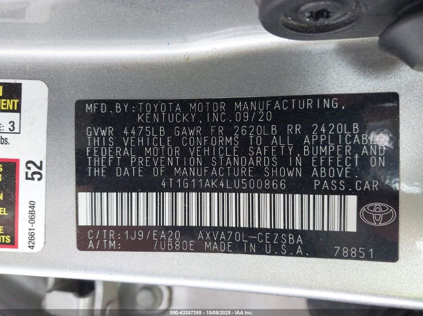 2020 Toyota Camry Se VIN: 4T1G11AK4LU500866 Lot: 43387385