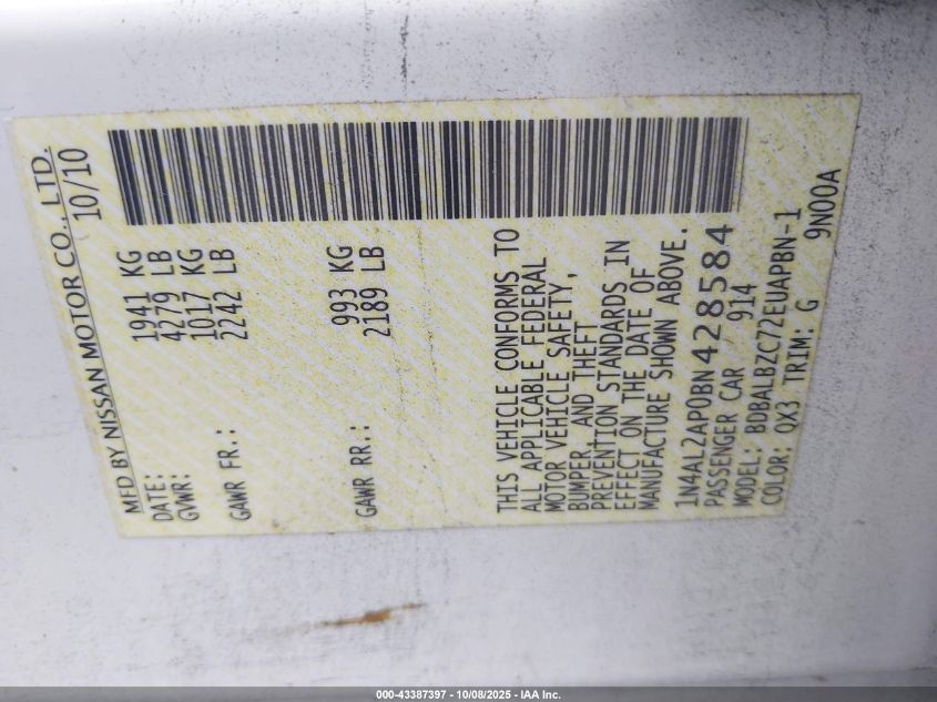 2011 Nissan Altima 2.5 S VIN: 1N4AL2AP0BN428584 Lot: 43387397