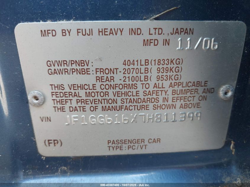 2007 Subaru Impreza 2.5I VIN: JF1GG616X7H811399 Lot: 43387400