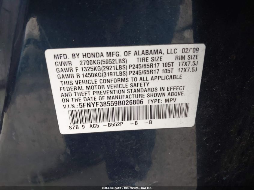 2009 Honda Pilot Ex-L VIN: 5FNYF38559B026806 Lot: 43387413