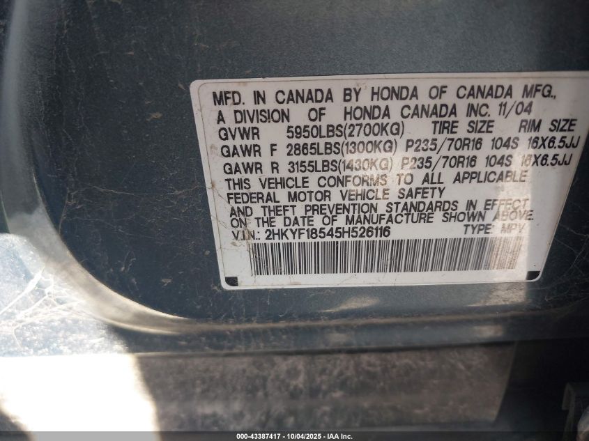 2005 Honda Pilot Ex-L VIN: 2HKYF18545H526116 Lot: 43387417