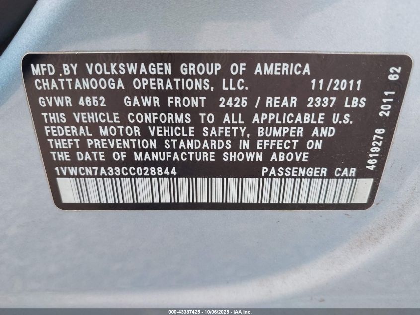 2012 Volkswagen Passat 2.0L Tdi Sel Premium VIN: 1VWCN7A33CC028844 Lot: 43387425