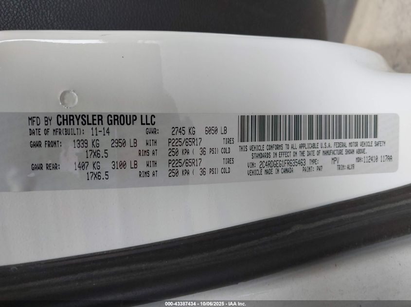 2015 Dodge Grand Caravan R/T VIN: 2C4RDGEG1FR635463 Lot: 43387434