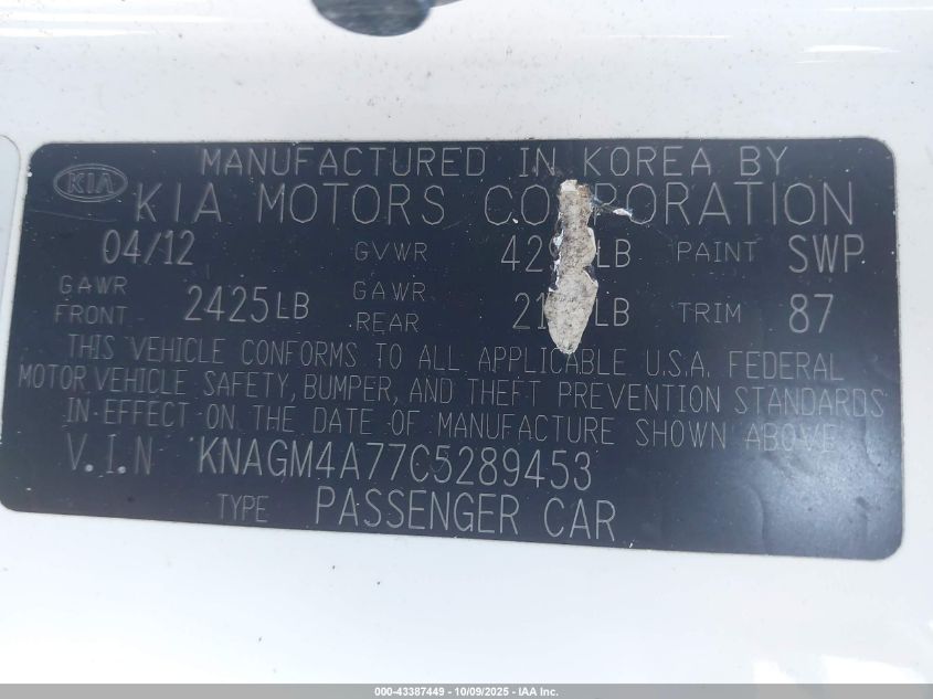 2012 Kia Optima Lx VIN: KNAGM4A77C5289453 Lot: 43387449