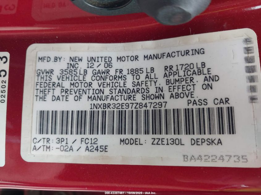 2007 Toyota Corolla S VIN: 1NXBR32E97Z847297 Lot: 43387461