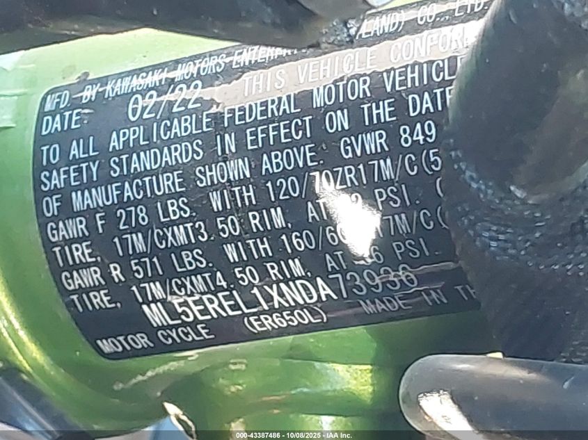 2022 Kawasaki Er650 L VIN: ML5EREL1XNDA73936 Lot: 43387486