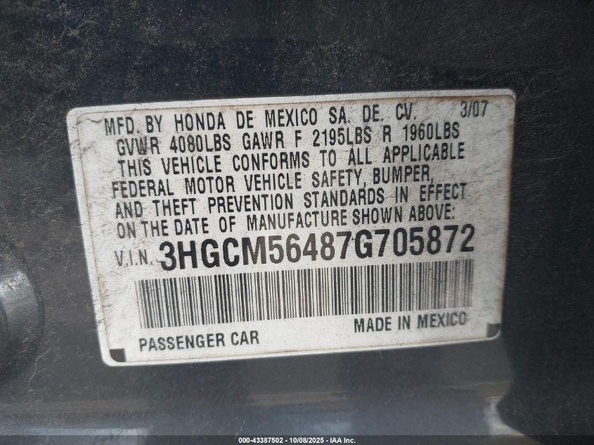 2007 Honda Accord 2.4 Lx VIN: 3HGCM56487G705872 Lot: 43387502