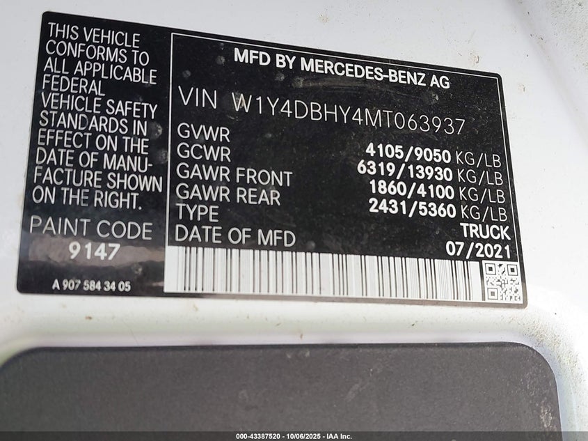 2021 Mercedes-Benz Sprinter 2500 Standard Roof I4 Diesel VIN: W1Y4DBHY4MT063937 Lot: 43387520