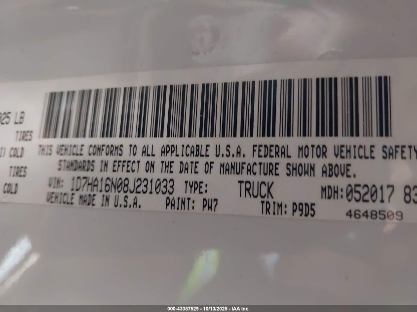 2008 Dodge Ram 1500 St/Sxt VIN: 1D7HA16N08J231033 Lot: 43387529