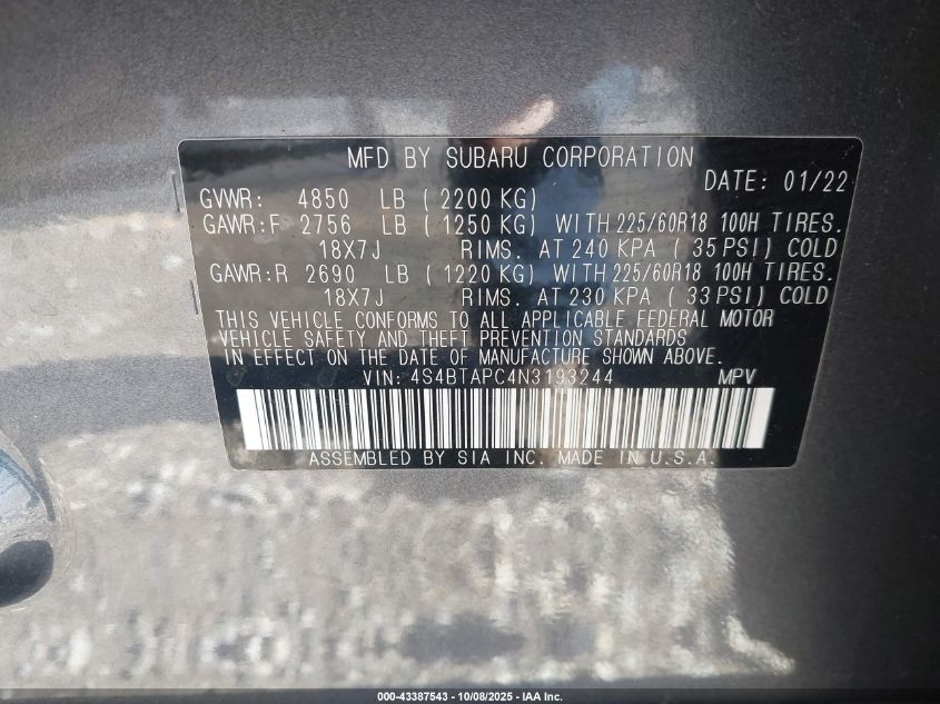 2022 Subaru Outback Touring VIN: 4S4BTAPC4N3193244 Lot: 43387543