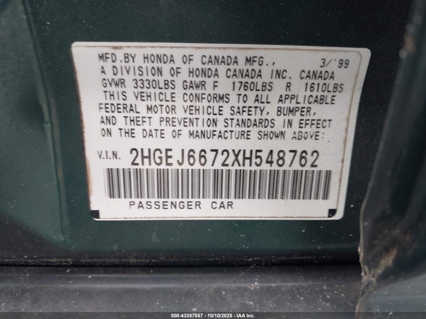 1999 Honda Civic Lx VIN: 2HGEJ6672XH548762 Lot: 43387557