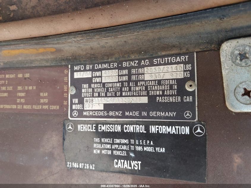 1985 Mercedes-Benz 380 Sl VIN: WDBBA45C4FA021578 Lot: 43387564