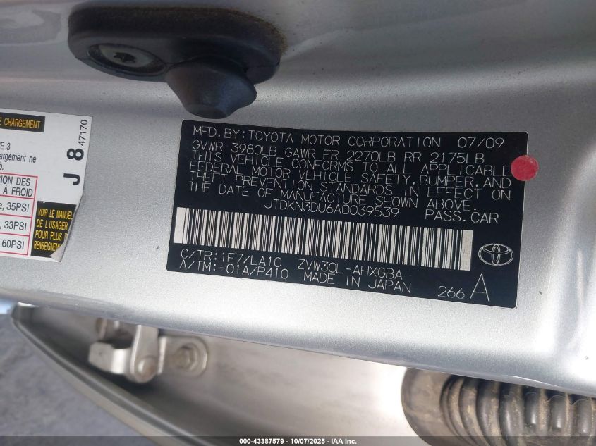 2010 Toyota Prius Iv VIN: JTDKN3DU6A0039539 Lot: 43387579