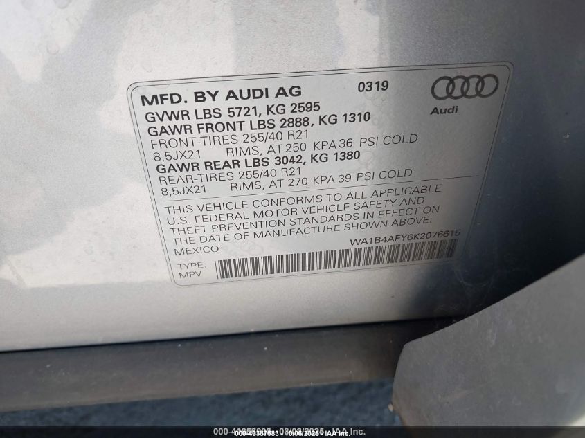 2019 Audi Sq5 3.0T Premium VIN: WA1B4AFY6K2076615 Lot: 43387583